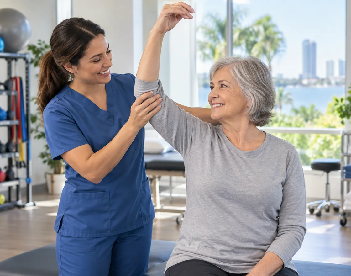 Physical rehabilitation therapist guiding an older patient through a shoulder mobility exercise at Palm Wellness Center in Tampa