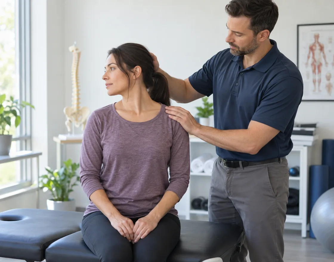 A chiropractor gently evaluating a patient's neck mobility after an auto accident