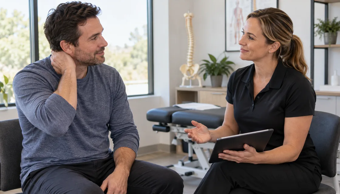 Chiropractor discussing a patient's care plan at Palm Wellness Center in Tampa