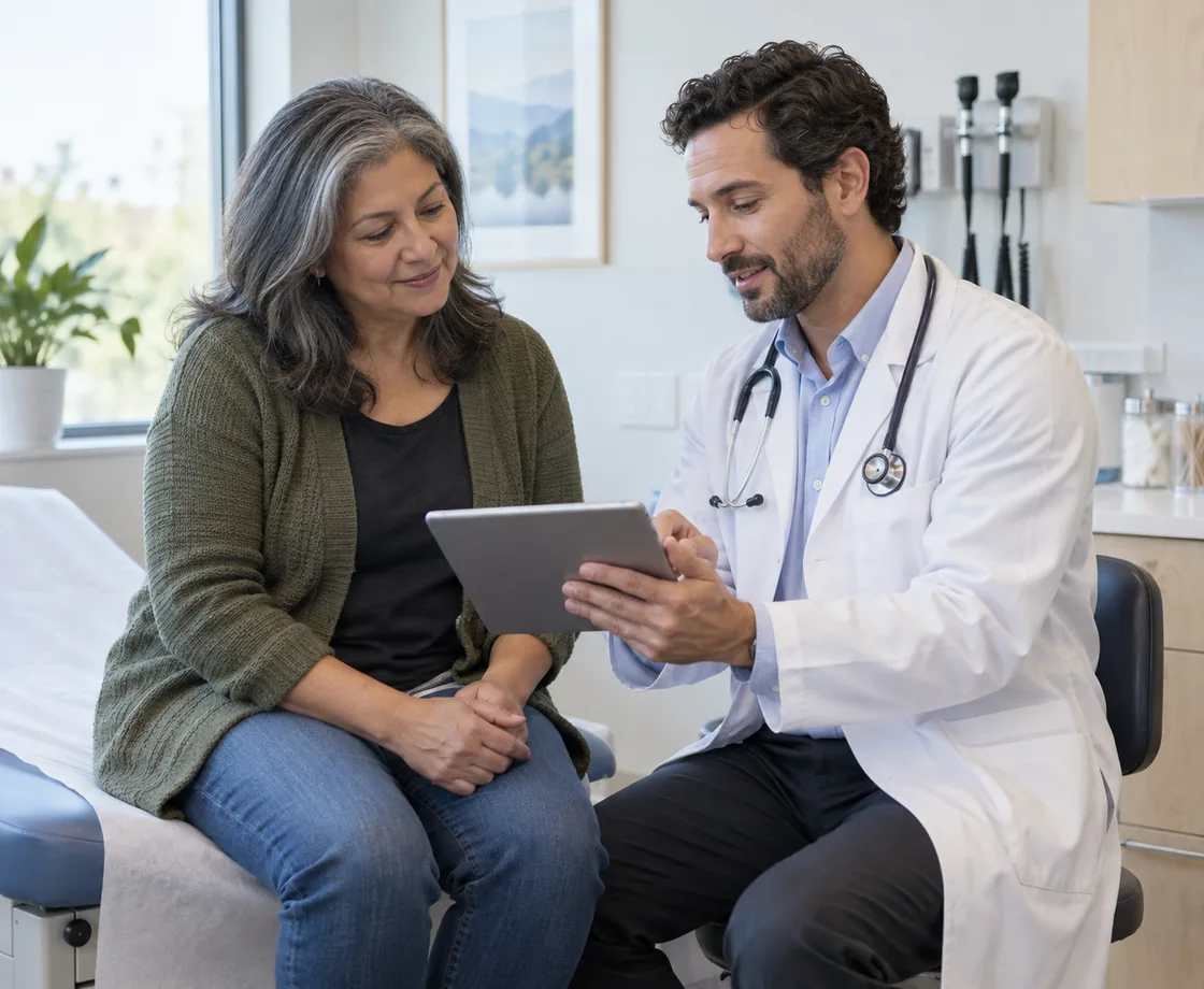 A patient and clinician reviewing follow-up care information together