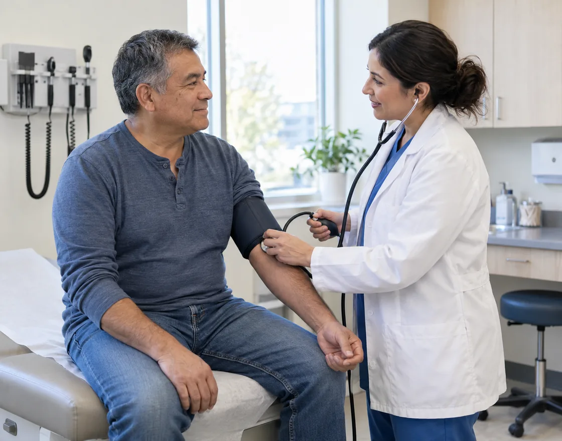 A clinician checking a patient's blood pressure during a chronic care visit