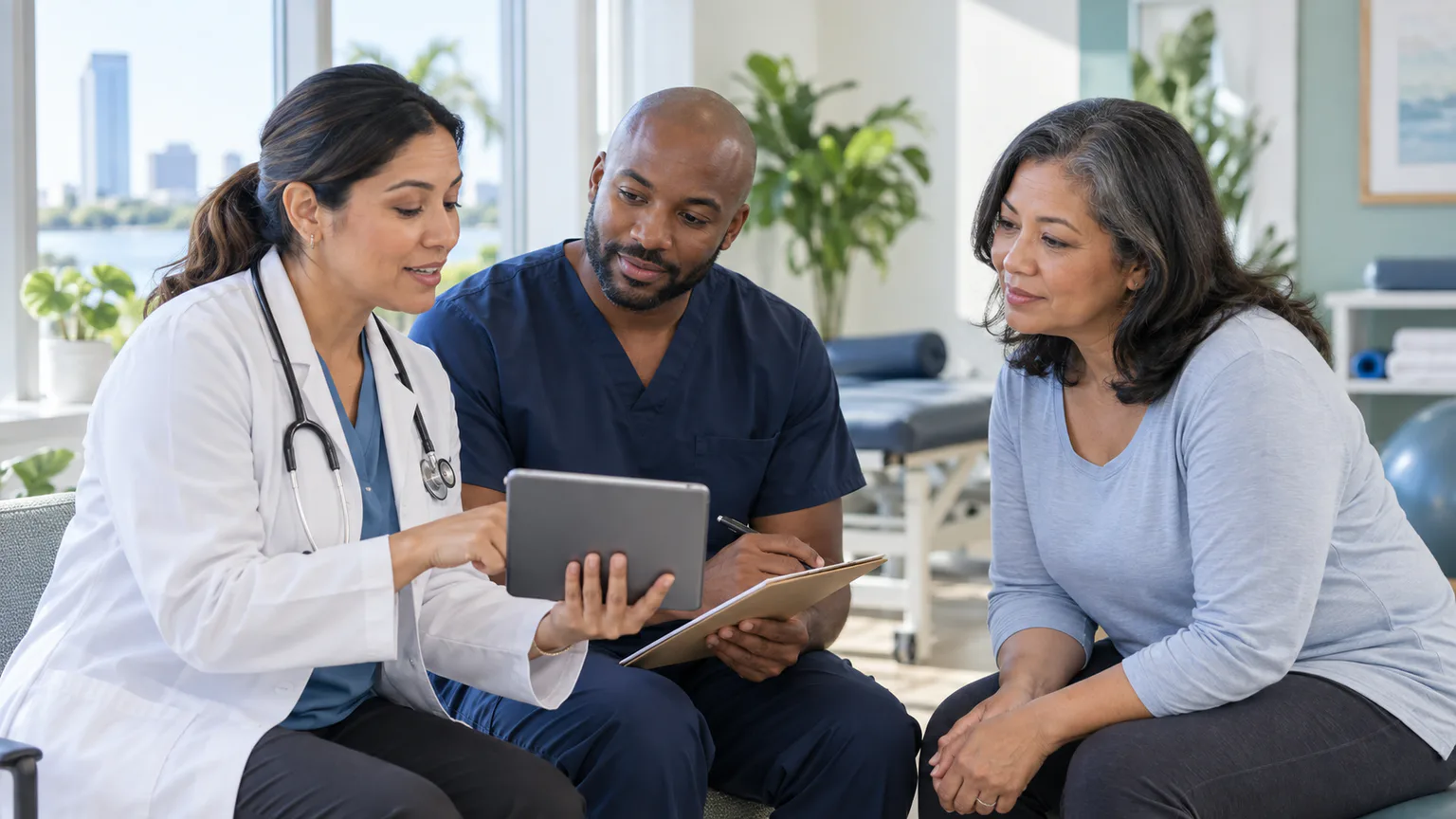 A primary care provider and physical therapist reviewing a coordinated treatment plan with a patient