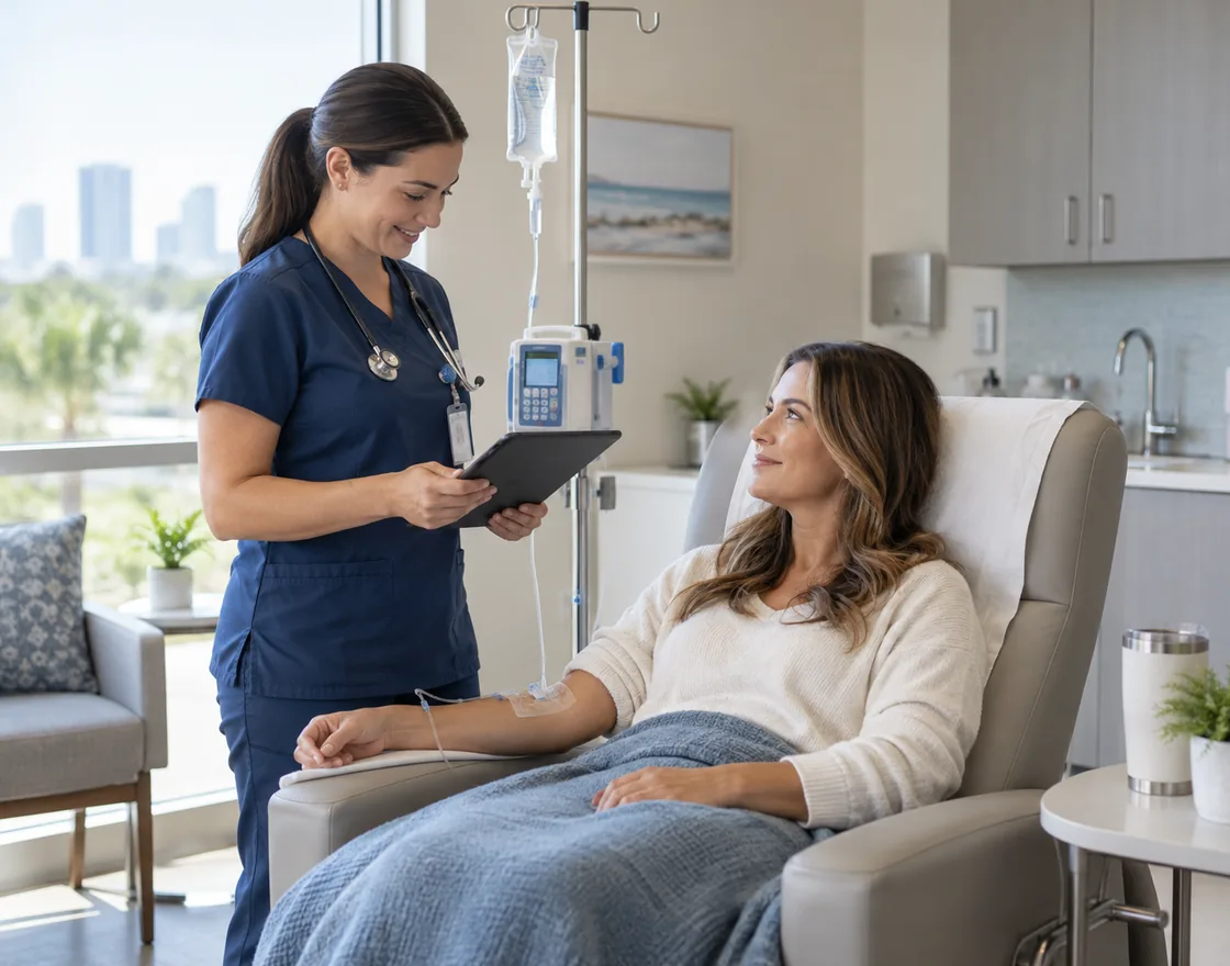 A clinician monitoring a patient during a medically supervised IV infusion