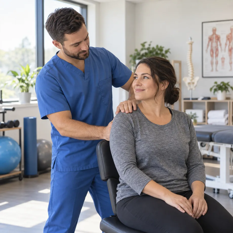 A massage therapist provides gentle shoulder care during a patient's car accident recovery