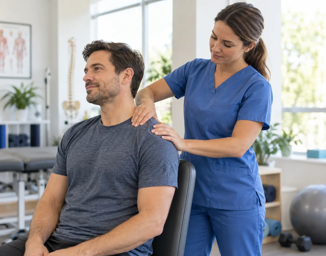 Massage therapist providing gentle shoulder and upper-back therapy to a patient in Tampa