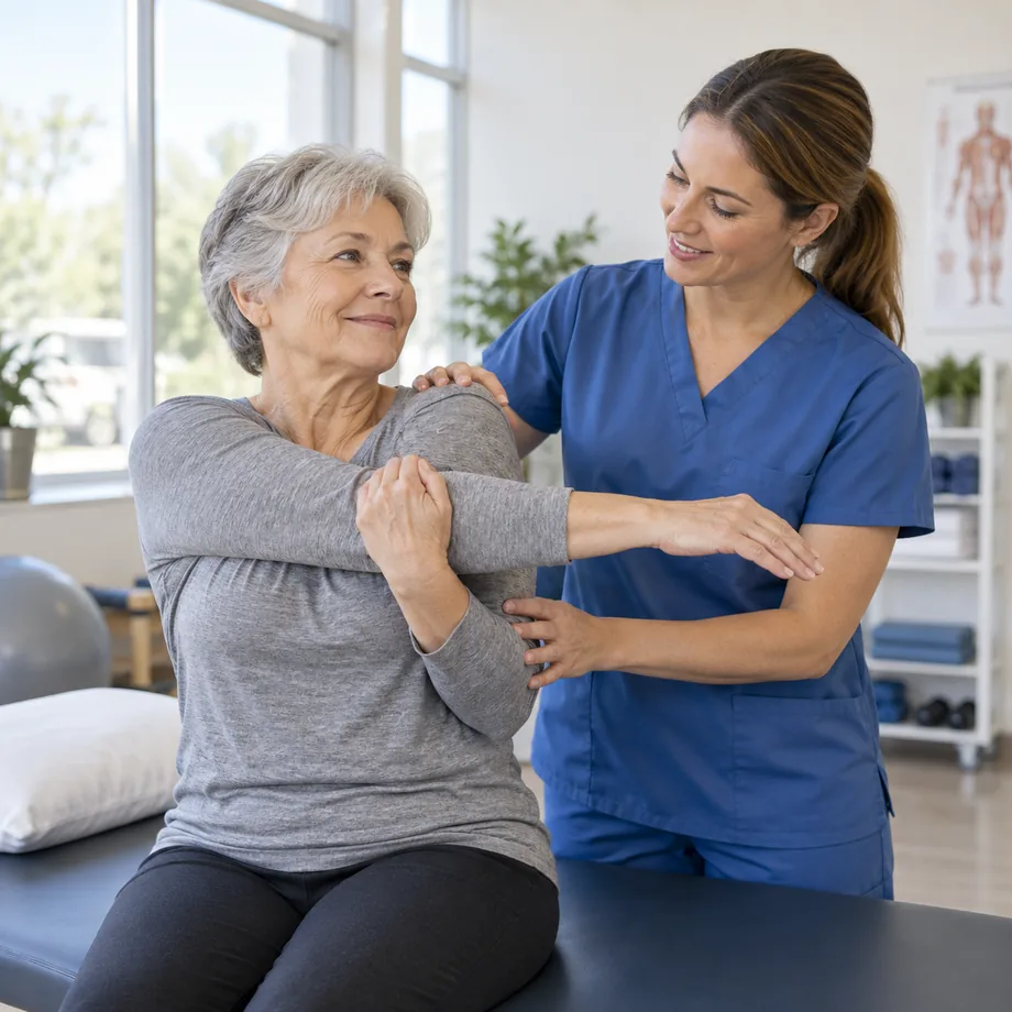 Massage therapist guiding an older patient through a shoulder mobility exercise