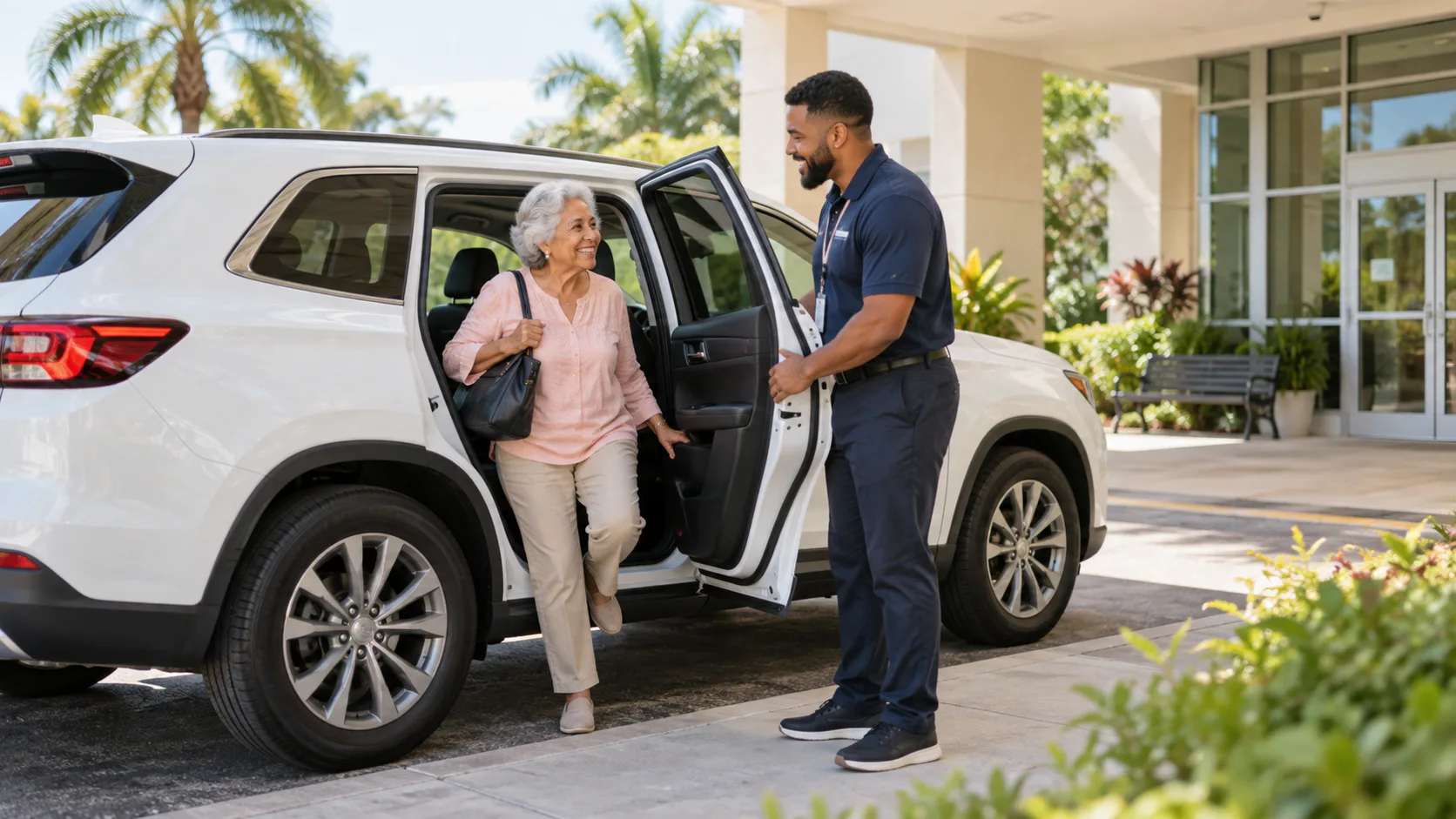 Clinic staff member assisting a patient from a courtesy transportation SUV in Tampa Bay