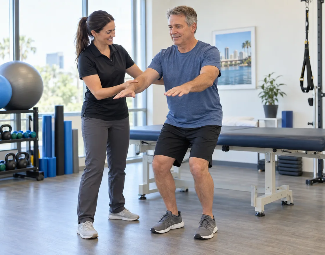 A physical therapist guiding a patient through a balance and mobility exercise