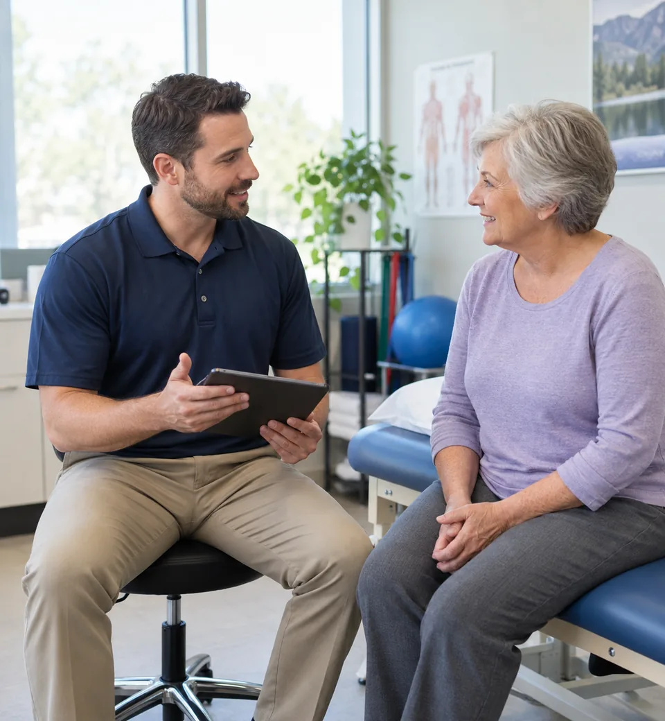 A rehabilitation provider discussing an initial evaluation with an older patient