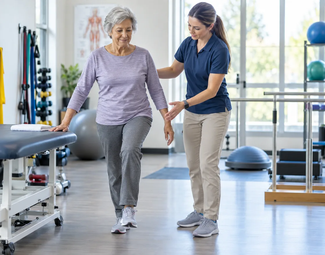 A physical therapist guiding an older patient through a balance assessment after a fall
