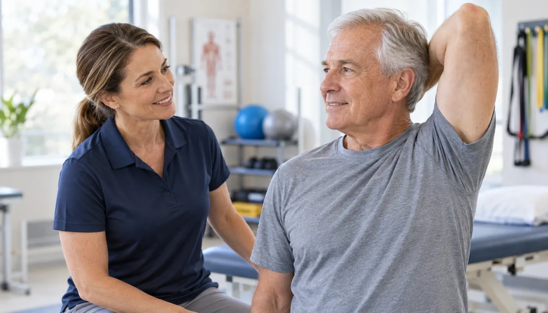 A rehabilitation clinician listening while a patient demonstrates shoulder mobility