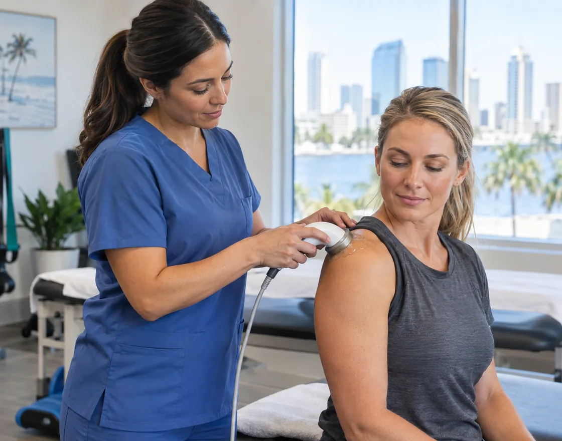 Clinician applying therapeutic ultrasound to a patient's shoulder in Tampa