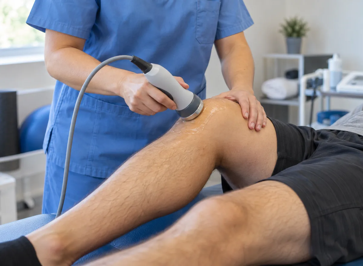 Clinician applying ultrasound therapy to a patient's knee with conductive gel