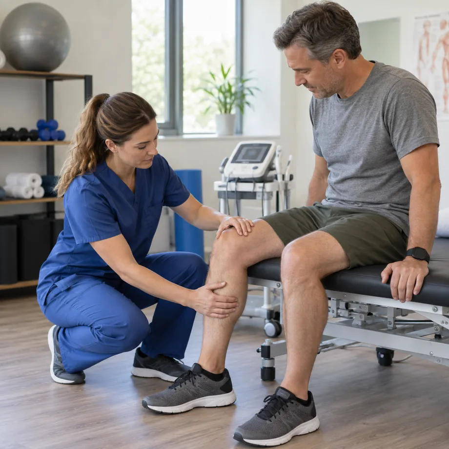 Rehabilitation clinician assessing a patient's knee mobility after lingering stiffness