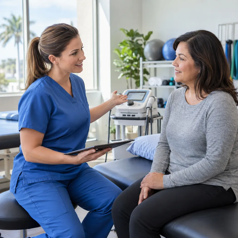 Rehabilitation clinician discussing a recovery plan with a patient beside ultrasound equipment